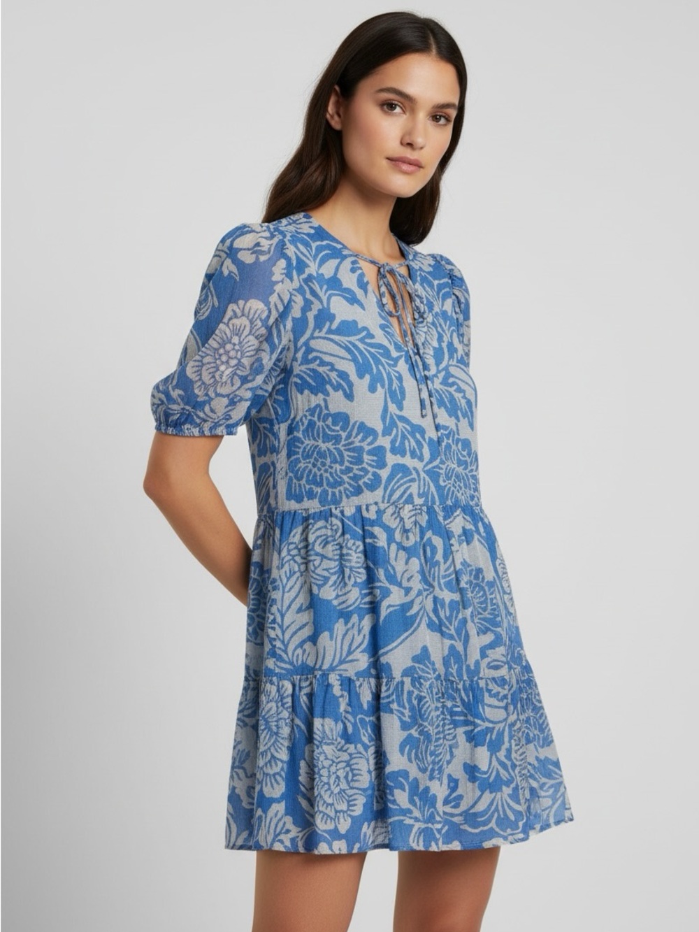 New MSK Blue and White Floral Tie-Front Puff Sleeve Dress size 1X - Picture 2 of 7